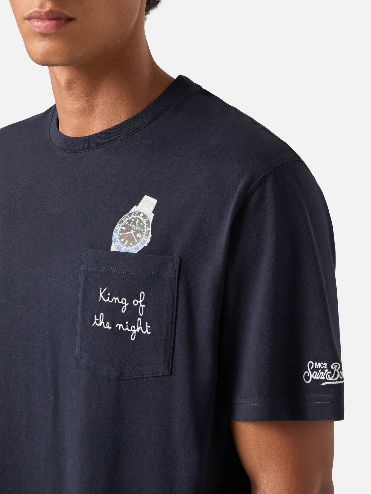 Navy blue Connor organic cotton t-shirt with watch print and King Of The Night embroidery