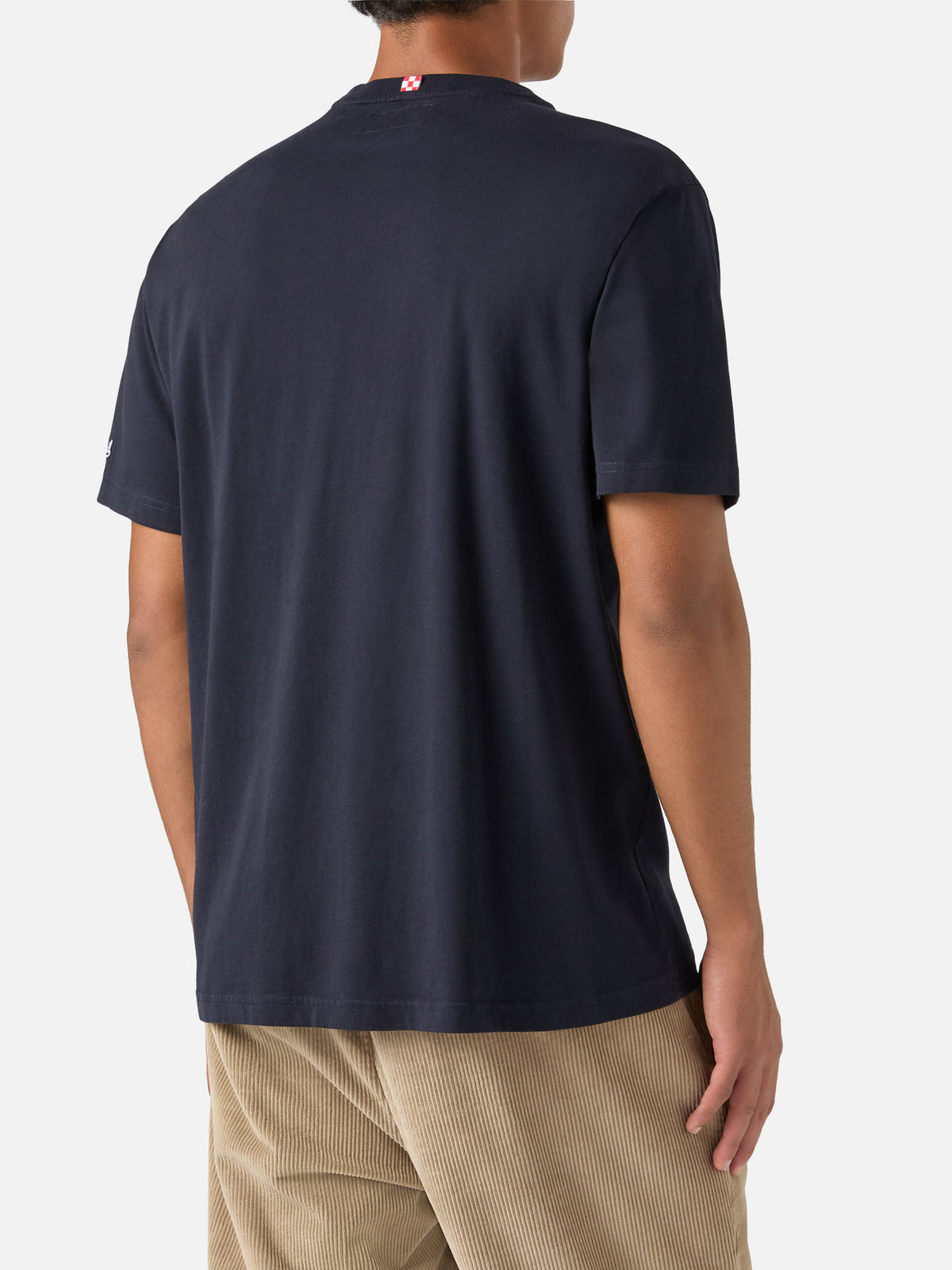 Navy blue Connor organic cotton t-shirt with watch print and King Of The Night embroidery