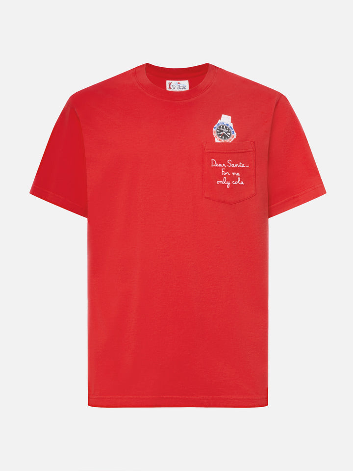 Connor Winter-Baumwoll-T-Shirt in Rot mit „Lieber Weihnachtsmann“-Taschenstickerei