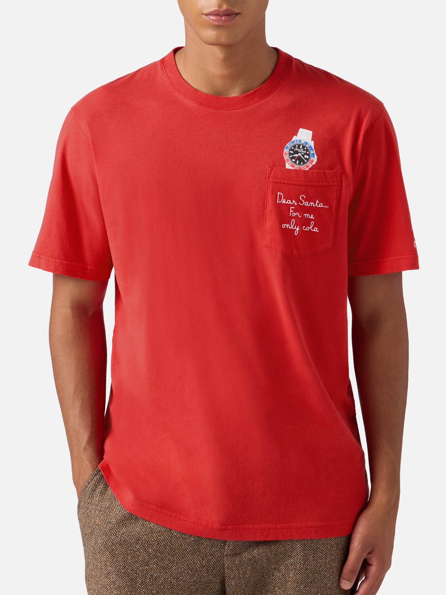 Connor winter cotton T-shirt in red with Dear Santa... pocket embroidery