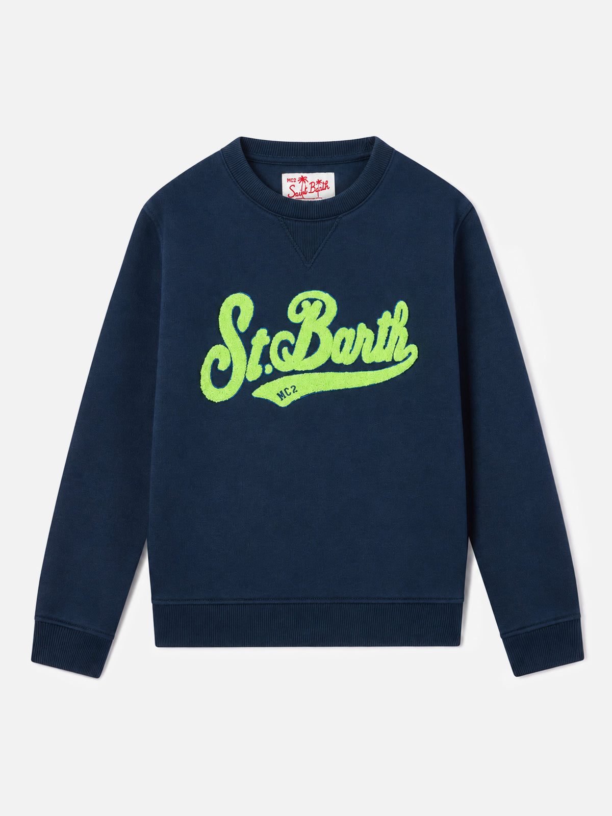 Blue Cooper Jr sweatshirt with yellow logo terry patch