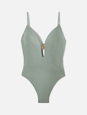 Maillot de bain une-pièce texturé à finition brillante vert militaire avec charms 