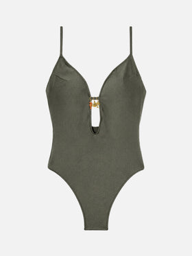Costume intero Crunchy glossy finish verde militare con charms