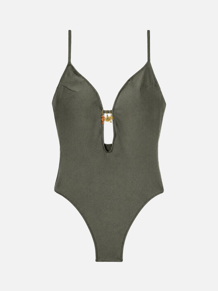 Costume intero Crunchy glossy finish verde militare con charms