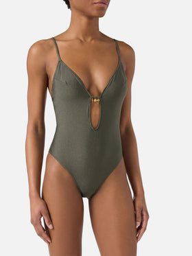 Costume intero Crunchy glossy finish verde militare con charms