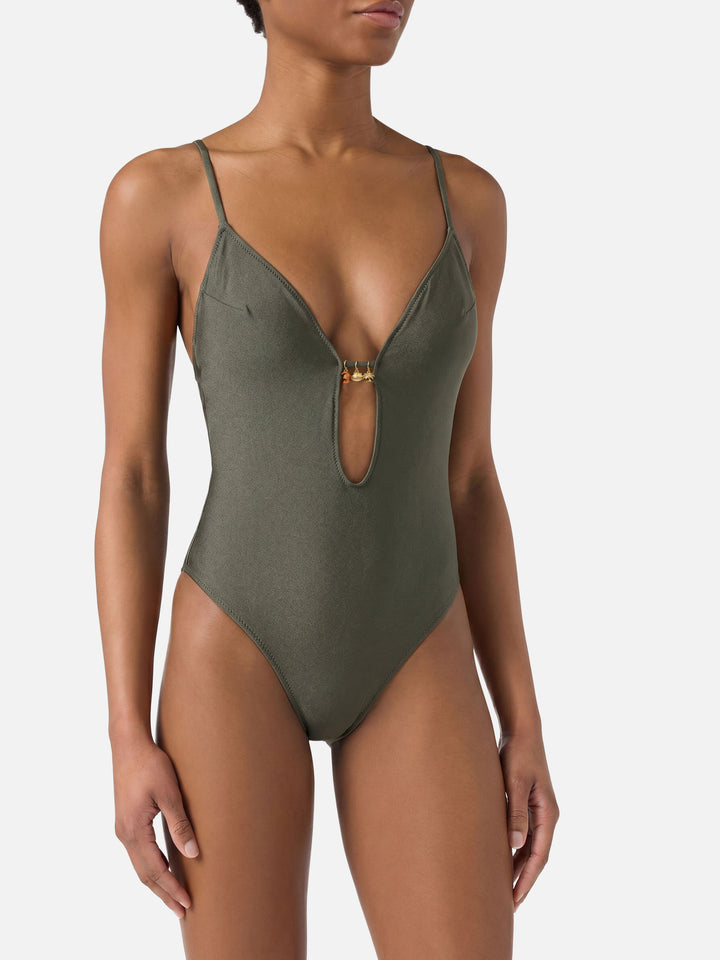 Costume intero Crunchy glossy finish verde militare con charms