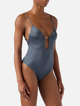 Maillot de bain une-pièce Crunchy Plate finition brillante avec plaque logo 