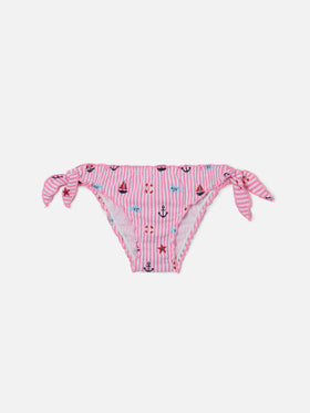 Slip mare Cric in seersucker a righe rosa con ricami marini