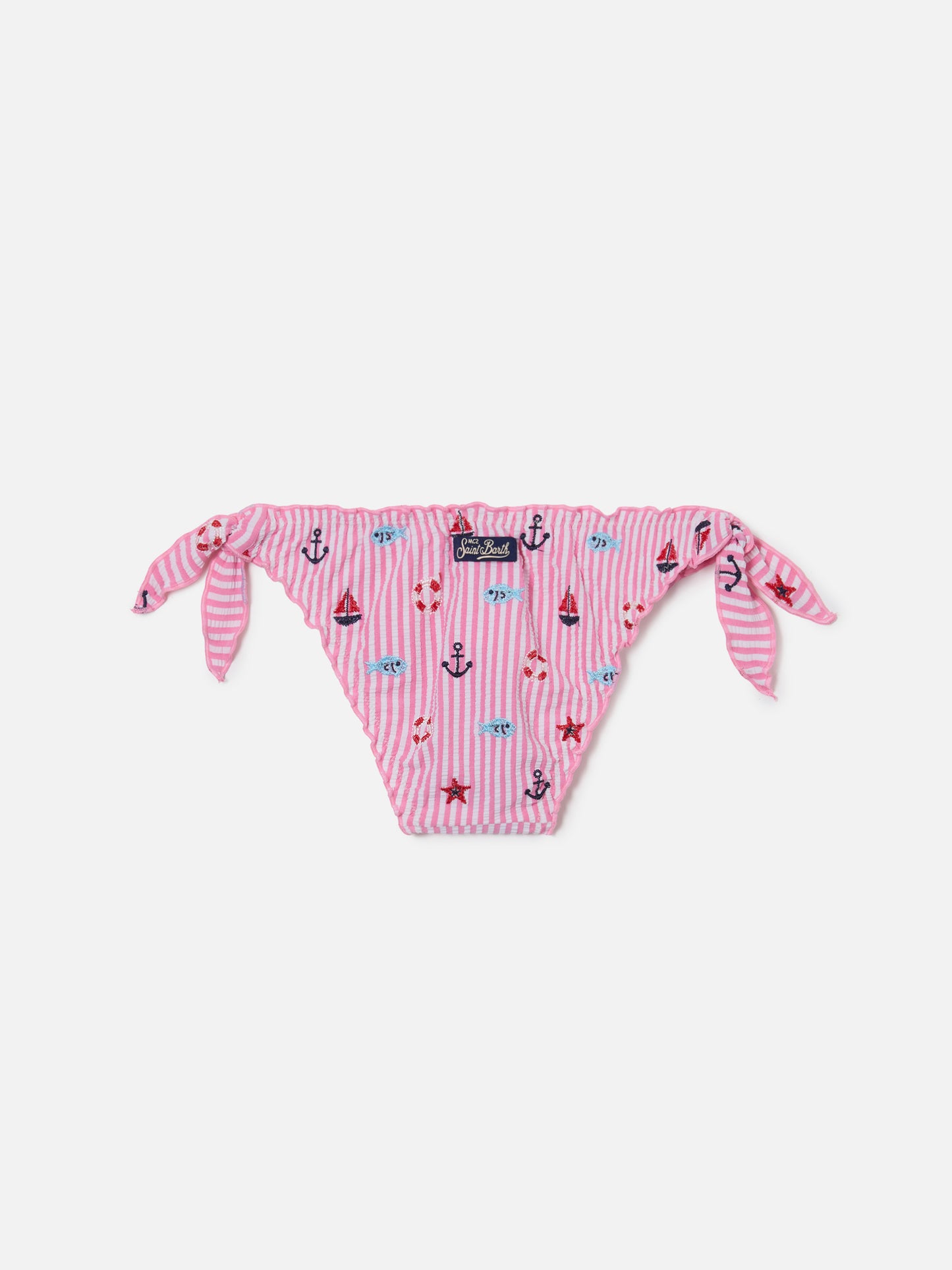 Slip mare Cric in seersucker a righe rosa con ricami marini