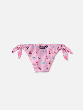 Slip mare Cric in seersucker a righe rosa con ricami marini