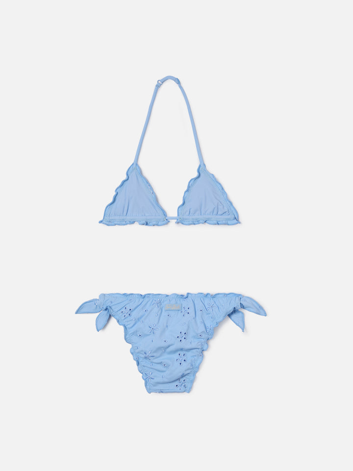 Bikini Cris in tessuto sangallo azzurro con bordi arricciati