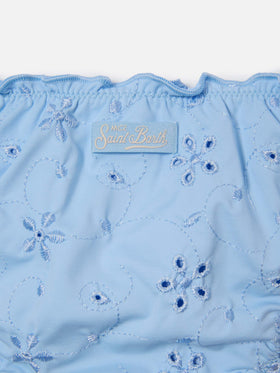 Bikini Cris in tessuto sangallo azzurro con bordi arricciati