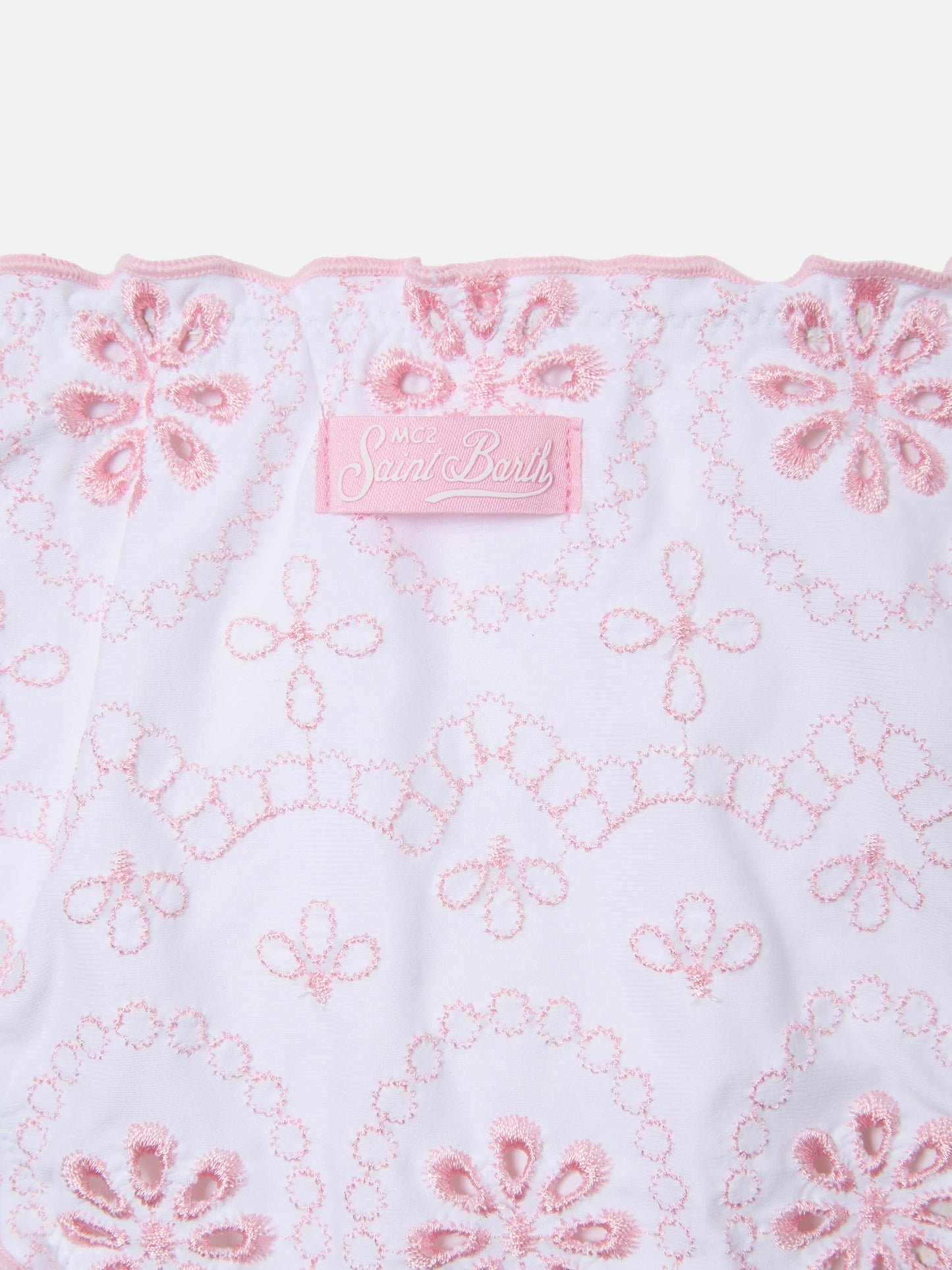 Bikini Cris in tessuto sangallo bianco con ricamo rosa