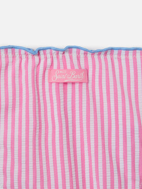 Cris white and pink seersucker striped bikini with ruffled edges