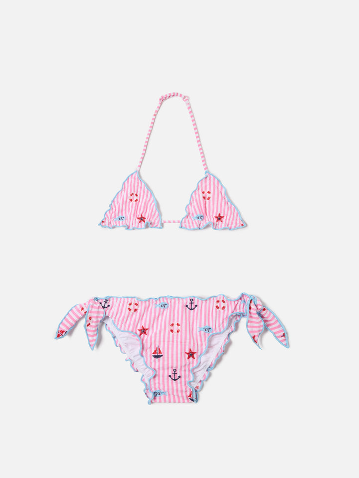 Bikini Cris rosa e azzurro in seersucker a righe con dettagli ricamati
