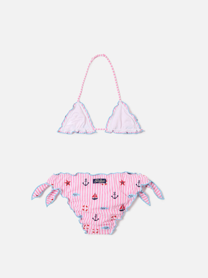 Bikini Cris rosa e azzurro in seersucker a righe con dettagli ricamati