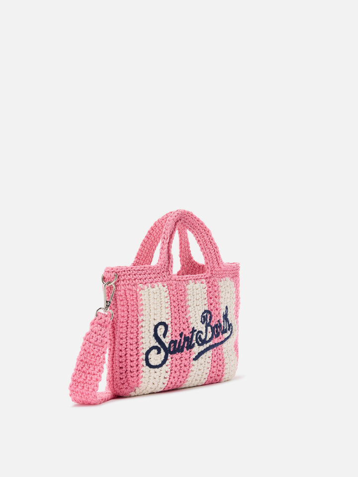 Borsa Crochet Mini a righe rosa con logo ricamato