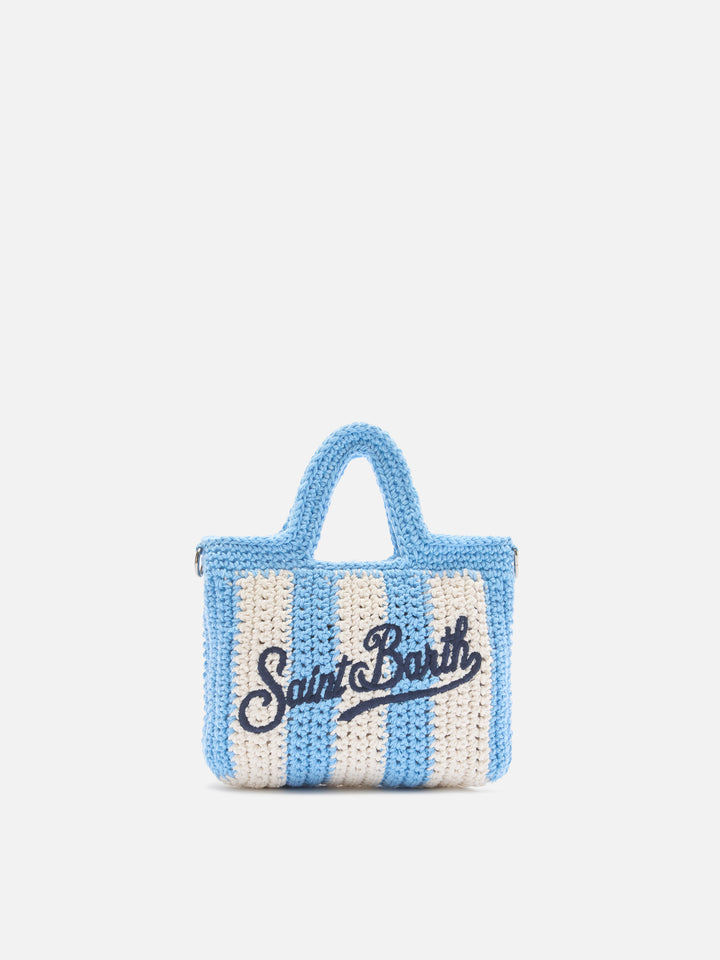 Borsa Crochet Mini a righe azzurre con logo ricamato