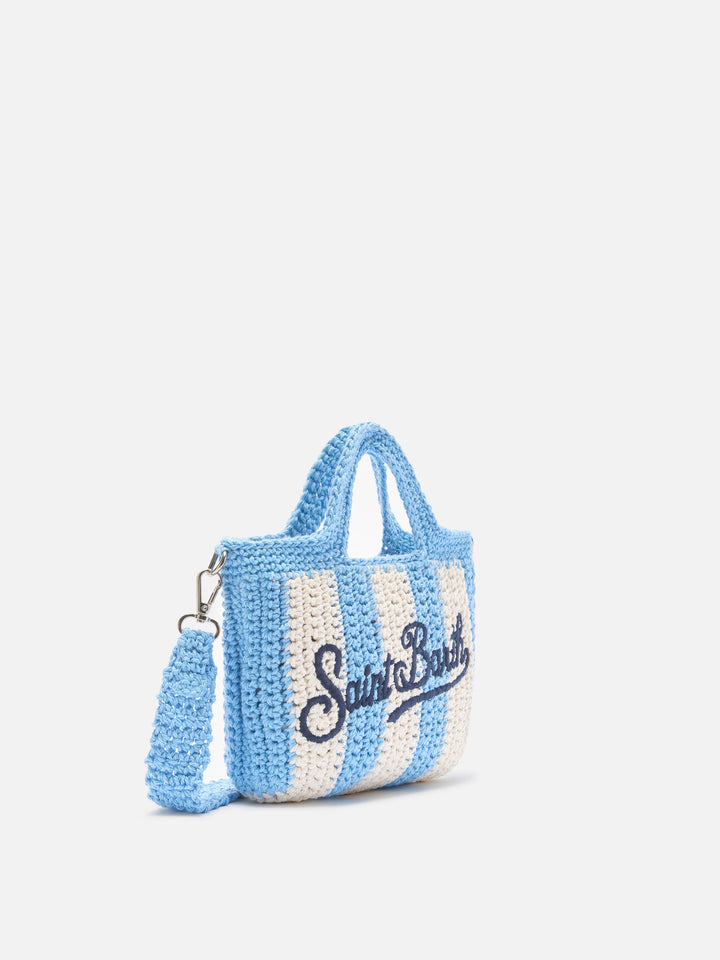 Borsa Crochet Mini a righe azzurre con logo ricamato