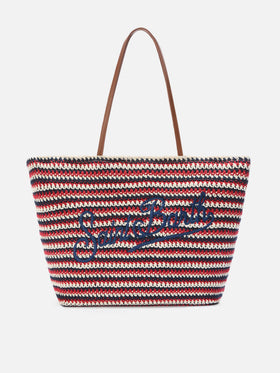 Crochet Tote bag in blue and red stripes with embroidered logo