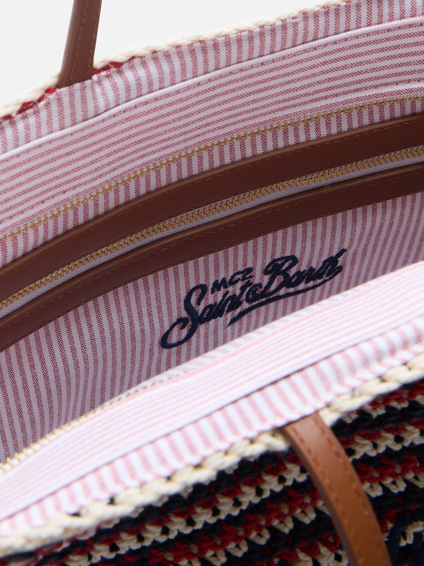 Borsa Tote Crochet a righe blu e rosse con logo ricamato