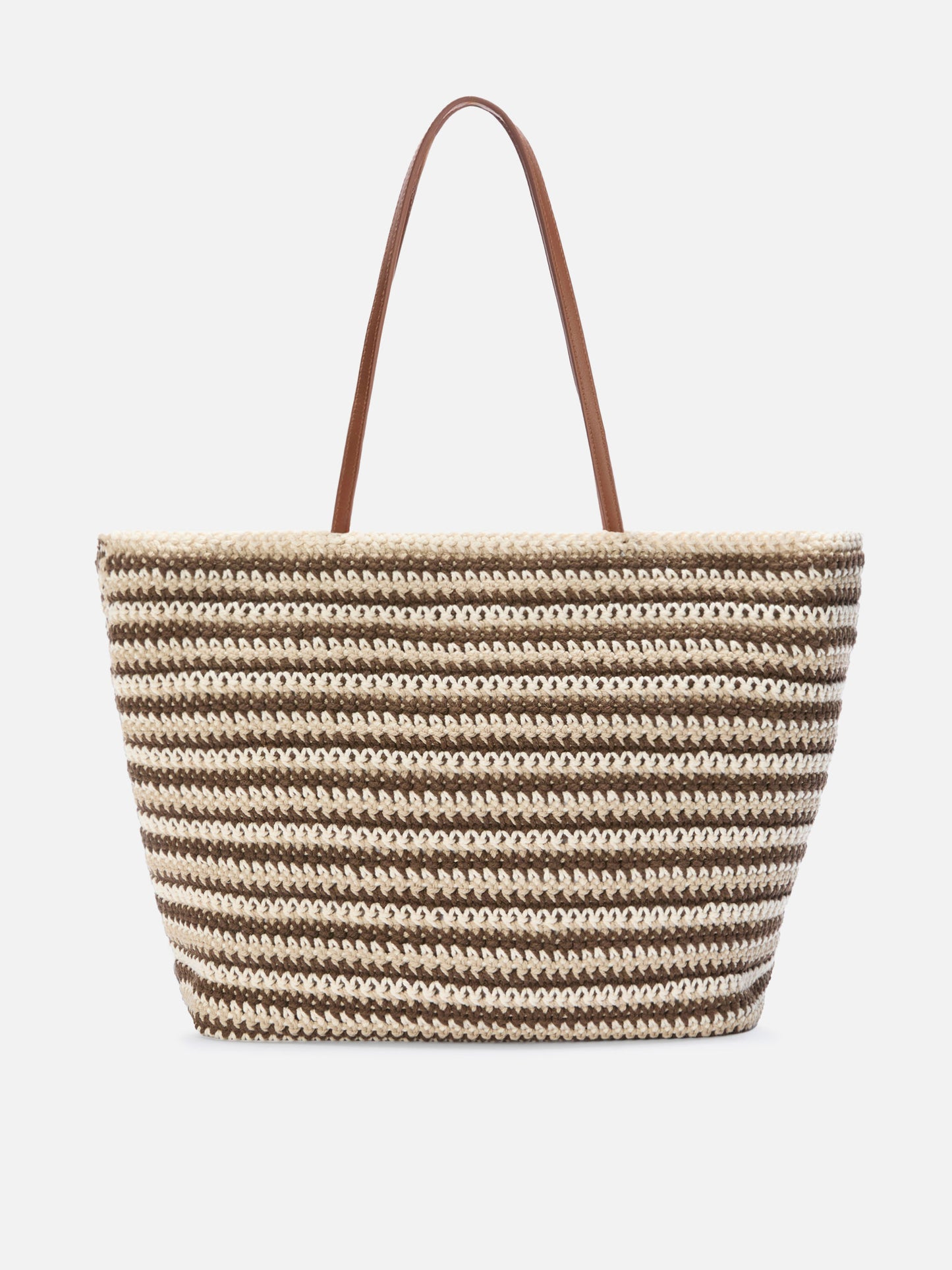 Crochet Tote bag in beige and brown stripes with embroidered logo