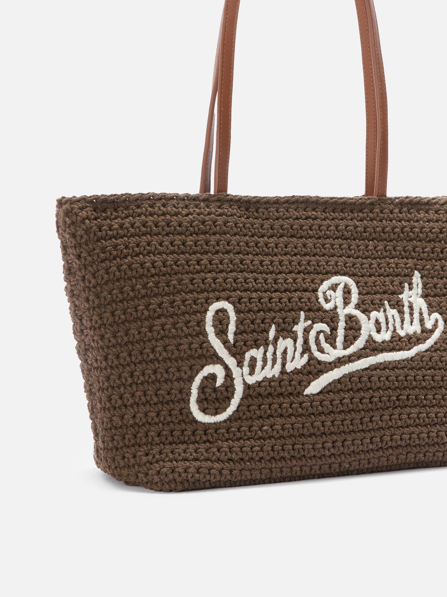 Borsa Tote Crochet medium marrone con logo ricamato