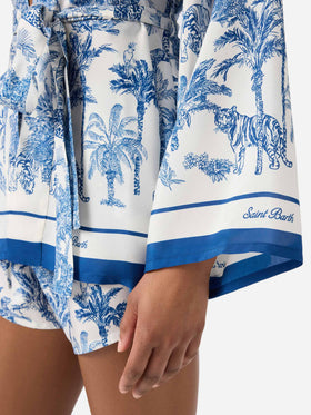 Short Carly kimono in silk with toile de Jouy print