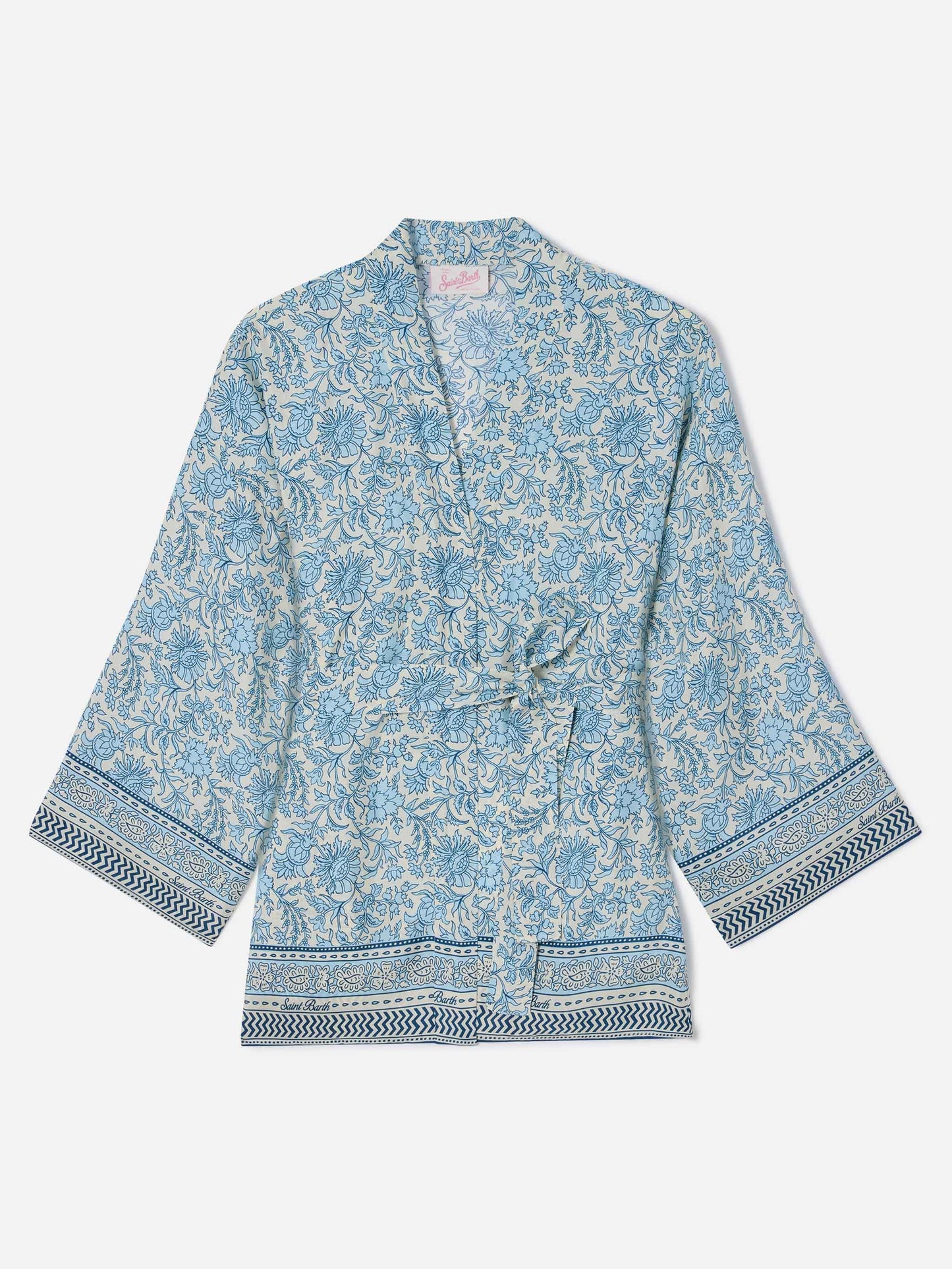 Kimono corto Carly in seta con stampa batik floreale