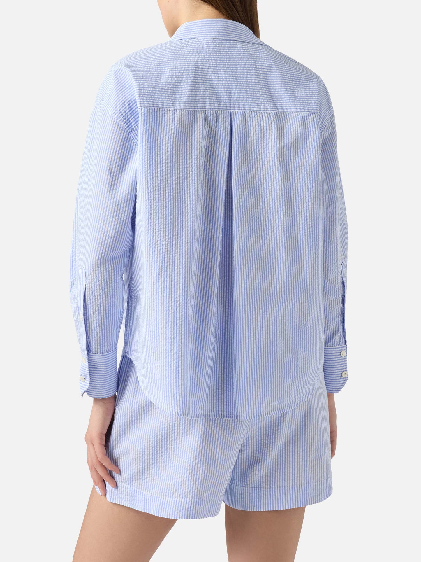 Light blue striped seersucker Cristal shirt with embroidery