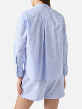 Light blue striped seersucker Cristal shirt with embroidery