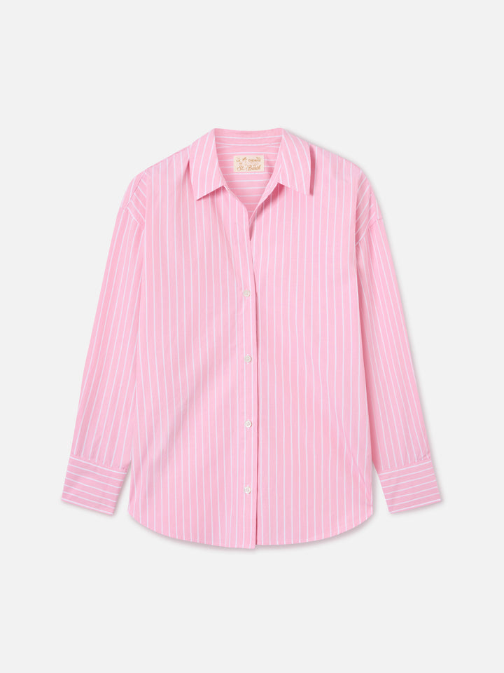 Camicia Cristal in cotone a righe rosa con ricamo Après St. Barth