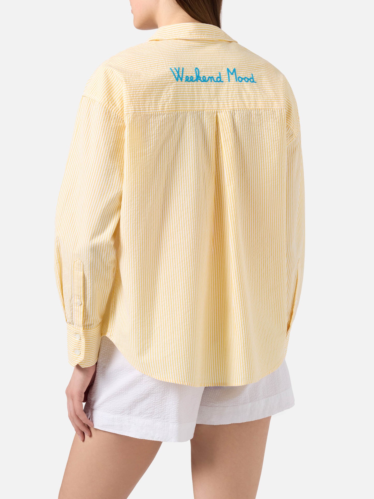 Yellow striped seersucker Cristal shirt with Weekend Mood embroidery