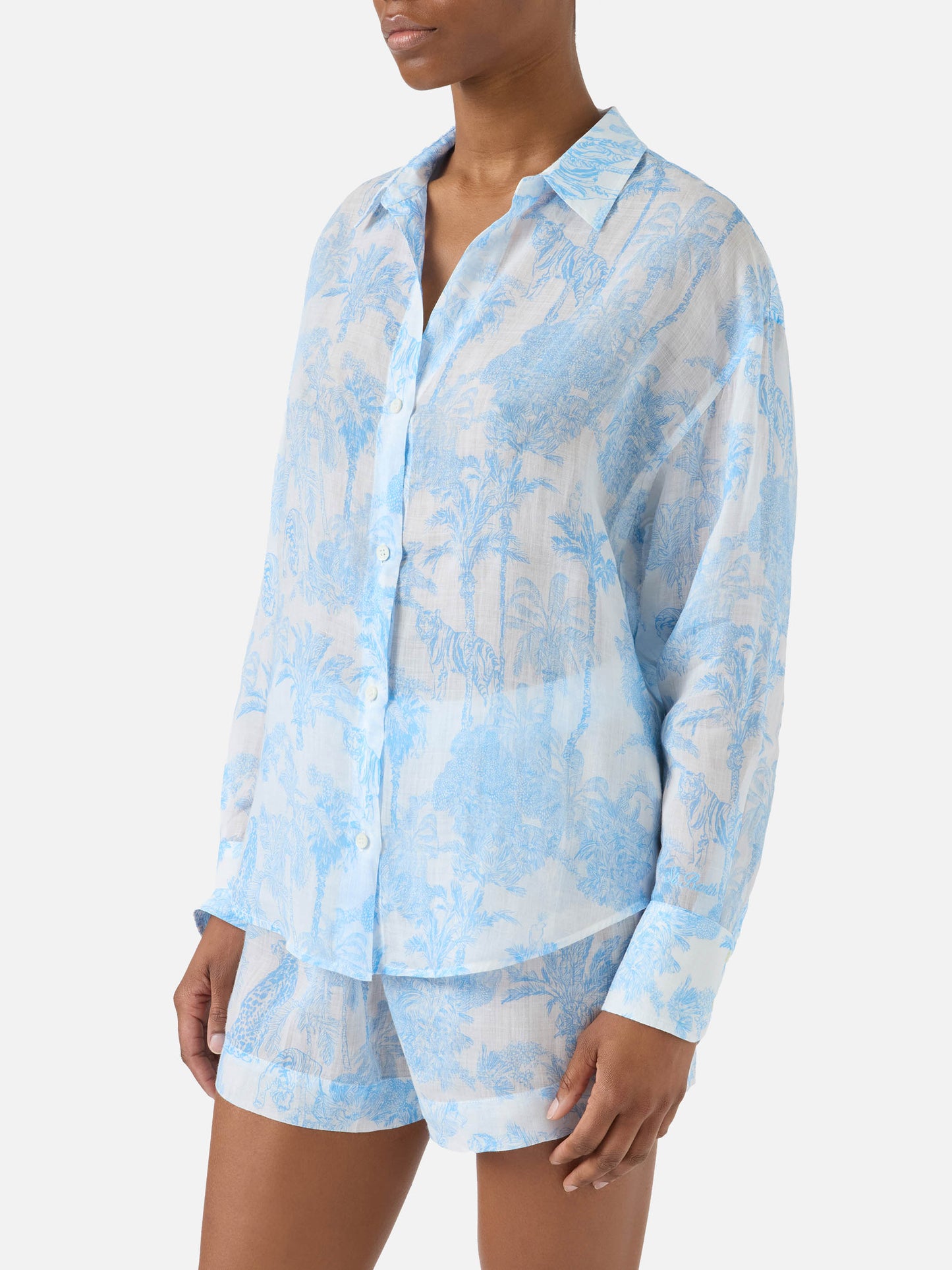 Chemise Cristal en ramie avec imprimé toile de jouy bleu clair 