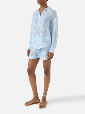 Chemise Cristal en ramie avec imprimé toile de jouy bleu clair 