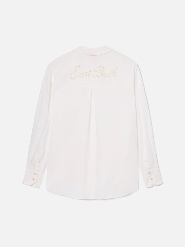 Weißes Leinenhemd Cristal mit perforierter Saint Barth-Stickerei 