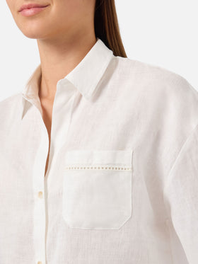 Camisa Cristal de lino blanco con bordado Saint Barth perforado 
