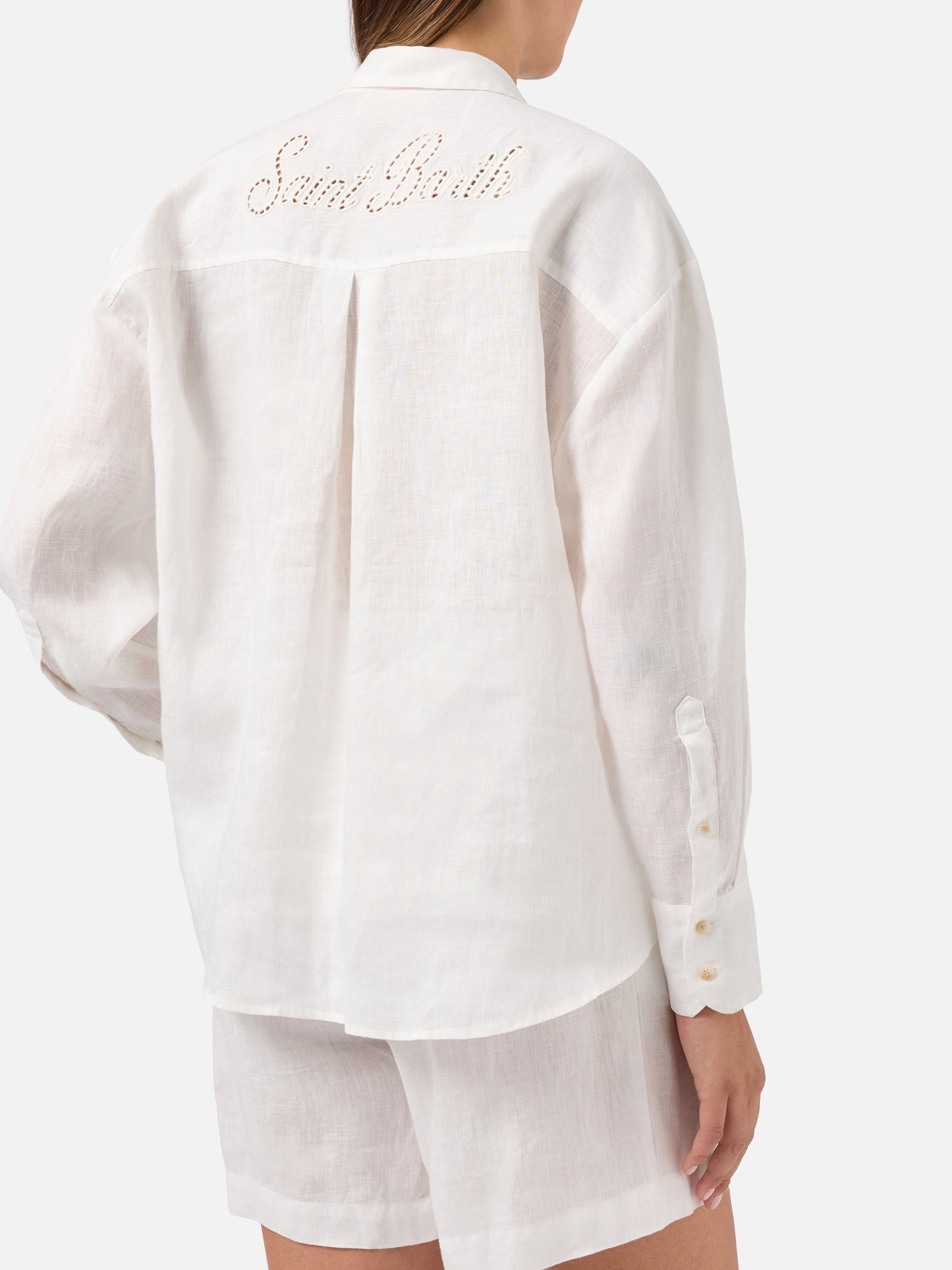 Camisa Cristal de lino blanco con bordado Saint Barth perforado 