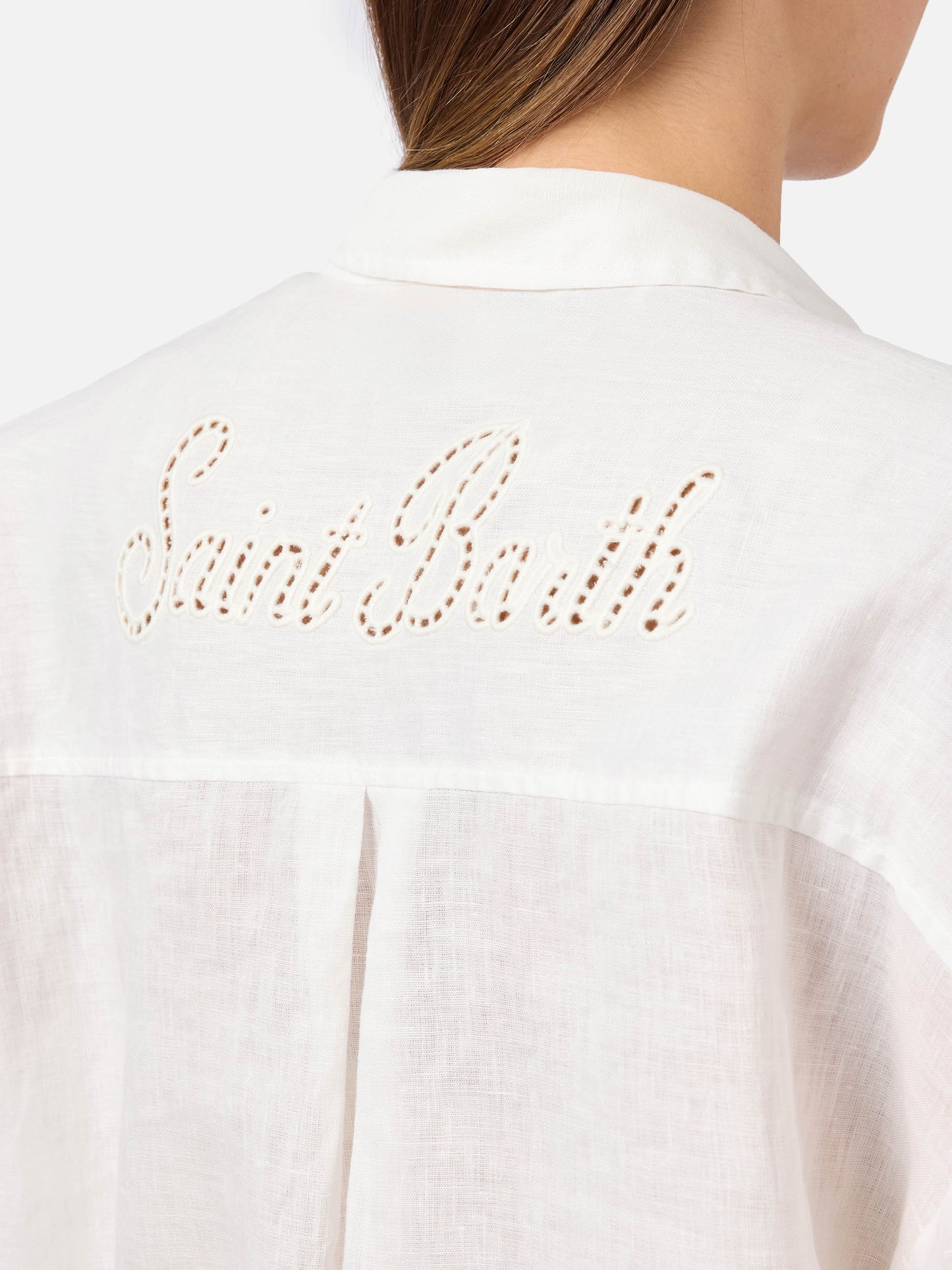 Camisa Cristal de lino blanco con bordado Saint Barth perforado 