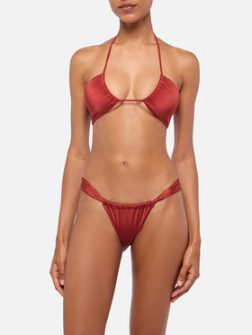 Noelle, schimmernde, ziegelrote, freche Badehose – Dahlia, schimmerndes, ziegelrotes Bandeau-Top