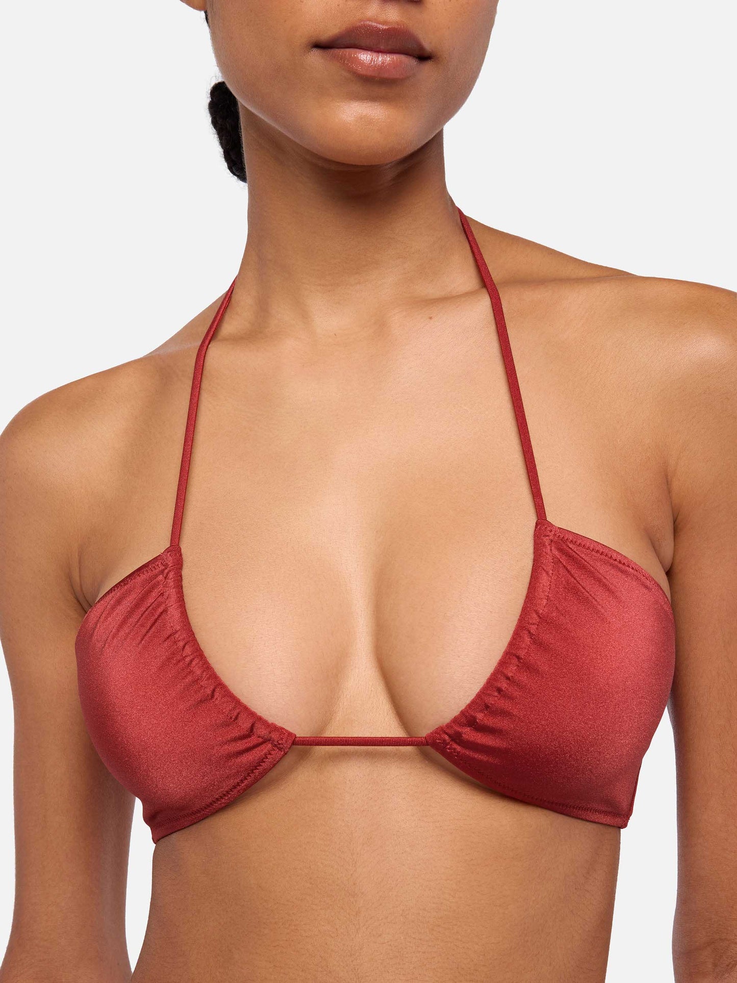 Noelle, schimmernde, ziegelrote, freche Badehose – Dahlia, schimmerndes, ziegelrotes Bandeau-Top