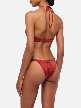 Noelle, schimmernde, ziegelrote, freche Badehose – Dahlia, schimmerndes, ziegelrotes Bandeau-Top
