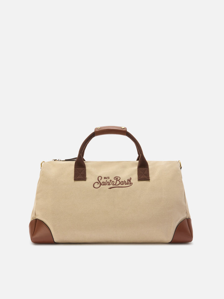 Daily beige cotton blend weekender with embroidered logo