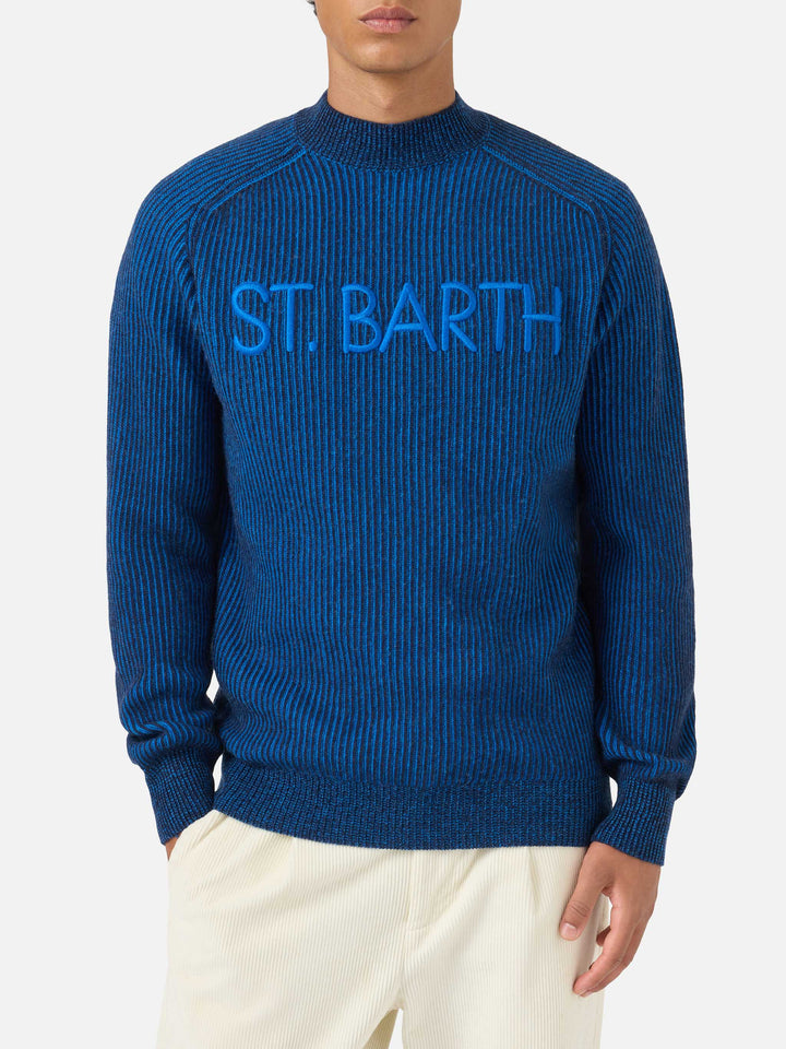 Davos gerippter blauer Pullover mit halbem Rollkragen 
