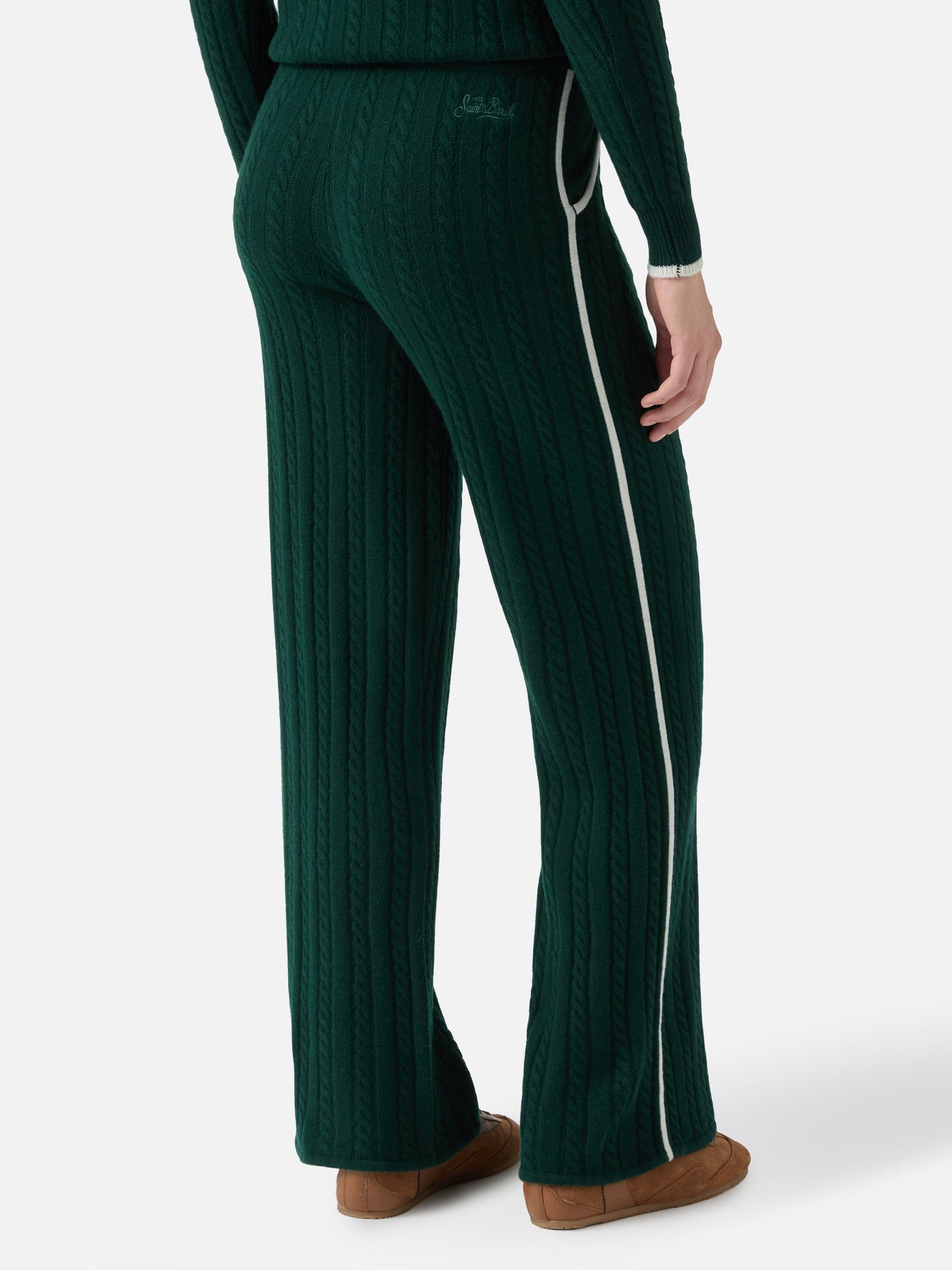Dinard cable-knit trousers in British green wool with St. Barth embroidery
