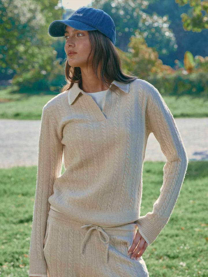 Pull en laine Beige Clichy à col polo avec maille pointelle 