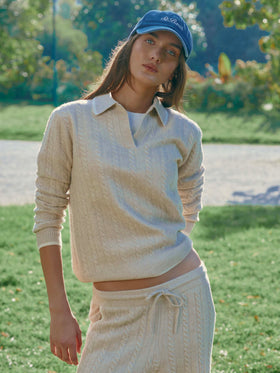 Beige Clichy wool polo collar knit with pointelle stitch