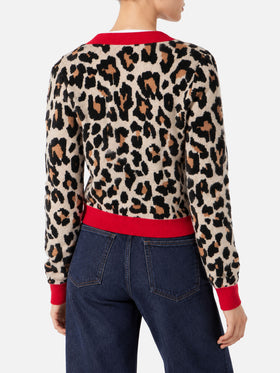 Cardigan corto Didy jacquard animalier in misto cashmere con ricamo logo