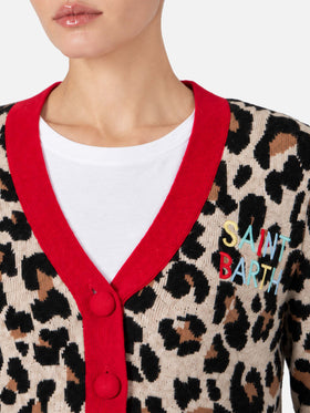 Cardigan corto Didy jacquard animalier in misto cashmere con ricamo logo