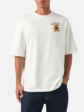 T-shirt Delmar oversize bianca in cotone con stampa Bearcoin sul retro